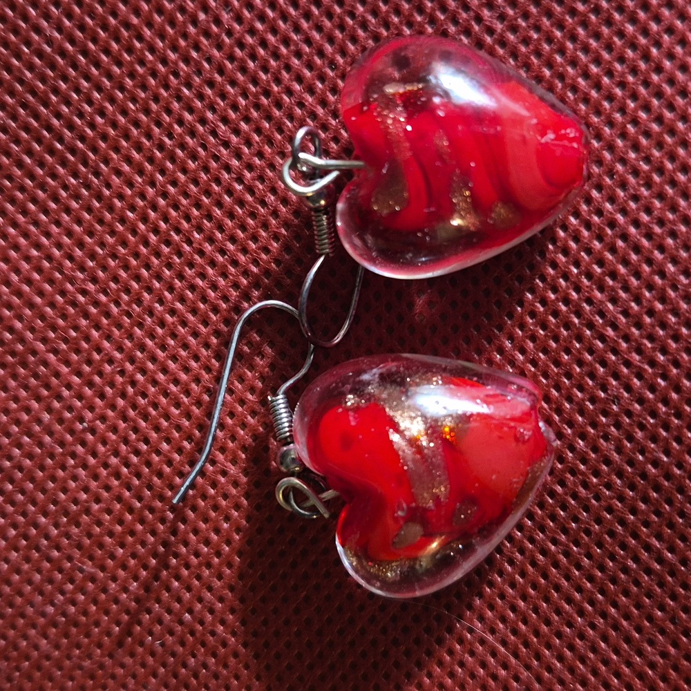 Lampwork Blown Glass Puff Heart-Shaped Red  Gold Copper Earrings